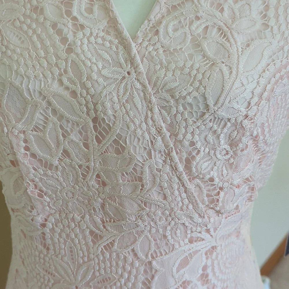 NWT Sharagano NY Azalea Faux Wrap Floral Lace Scalloped Midi Dress 8 Pink Mirage - Picture 7 of 16